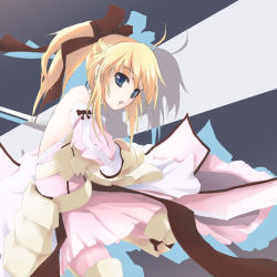 Rule 34 | 1girl, ahoge, artoria pendragon (fate), blonde hair, capcom, enatetsu, fate/stay night, fate/unlimited codes, fate (series), female focus, ponytail, ribbon, saber (fate), saber lily, solo, sword, weapon