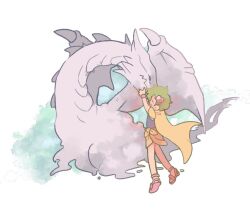 Rule 34 | 1girl, animal, arms up, blue shirt, cape, closed eyes, creature, dragon, final fantasy, final fantasy iv, green hair, hair ornament, happy, highres, mist dragon, open mouth, pink footwear, pink wristband, reaching, rydia (ff4), sandals, shirt, short hair, skirt, smile, tasituma2, tied skirt, wristband, yellow cape, yellow skirt