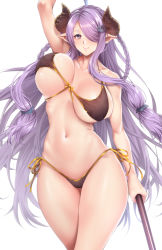 Rule 34 | 1girl, bikini, braid, breasts, closed mouth, collarbone, commentary, draph, granblue fantasy, hair over one eye, highleg, highleg bikini, holding, horns, large breasts, lips, long hair, looking at viewer, narmaya (granblue fantasy), navel, pointy ears, polearm, purple hair, shiny skin, side-tie bikini bottom, simple background, smile, solo, stomach, swimsuit, thighs, weapon, white background, zucchini