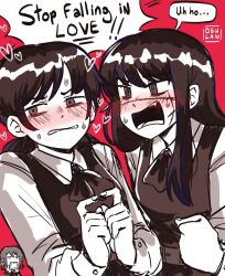 Rule 34 | 3girls, artist name, black dress, black eyes, black hair, black ribbon, blush, bread, chainsaw man, chibi, collared shirt, commentary, cross scar, dress, english text, fami (chainsaw man), food, food in mouth, fourth east high school uniform, grey hair, heart, highres, long hair, long sleeves, looking at another, low twintails, mitaka asa, mouth hold, multiple girls, neck ribbon, open mouth, osulan, own hands together, pinafore dress, red background, ribbon, scar, scar on face, school uniform, screaming, shirt, short hair, siblings, simple background, sisters, sleeveless, sleeveless dress, speech bubble, sweat, twintails, uniform, white shirt, yoru (chainsaw man)