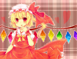 Rule 34 | 1girl, ascot, blonde hair, blush, female focus, flandre scarlet, hand to own mouth, hat, heart, open mouth, red eyes, short hair, side ponytail, skirt, smile, solo, suzuna951031, suzuna (mark of luck), embodiment of scarlet devil, touhou, wings