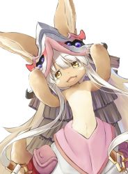 Rule 34 | 1girl, :3, :d, animal ears, commentary, dutch angle, fang, furry, furry female, hands up, happy turn2, made in abyss, nanachi (made in abyss), open mouth, rabbit ears, smile, solo, white background, white hair, yellow eyes