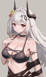 Rule 34 | 1girl, arknights, bikini, black bikini, black choker, blush, breasts, choker, cleavage, commentary request, fanteam, flower, grey background, highres, horns, large breasts, material growth, mudrock (arknights), mudrock (silent night) (arknights), official alternate costume, oripathy lesion (arknights), parted lips, pink flower, pointy ears, red eyes, simple background, solo, stomach, swimsuit, upper body, white hair, yellow flower