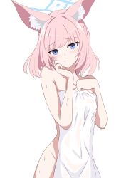 Rule 34 | 1girl, absurdres, animal ears, blue archive, blue eyes, blunt bangs, blush, closed mouth, collarbone, commentary, halo, highres, kamitosayu, looking at viewer, naked towel, niko (blue archive), pink hair, simple background, solo, sweat, towel, wet, white background