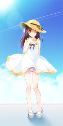 Rule 34 | 1boy, androgynous, blush, brown eyes, brown hair, bulge, clothes lift, cloud, crossdressing, day, dress, dress lift, finger to mouth, full body, hat, highres, legs, lens flare, long hair, looking at viewer, male focus, original, outdoors, panties, pigeon-toed, ribbon-trimmed clothes, ribbon trim, sandals, shirogane rio (artist), sky, smile, solo, standing, straw hat, striped clothes, striped panties, sun hat, sundress, thigh gap, toes, trap, underwear, white dress, wind, wind lift