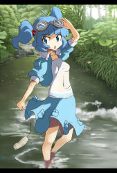 Rule 34 | 1girl, :o, abe ranzu, ahoge, arm up, blouse, blue eyes, blue hair, female focus, goggles, goggles on head, hair bobbles, hair ornament, kawashiro nitori, letterboxed, matching hair/eyes, md5 mismatch, nature, navel, no bra, no nose, open clothes, open mouth, pocket, see-through, shirt, short hair, skirt, solo, standing, stream, touhou, twintails, two side up, vest, wading, water
