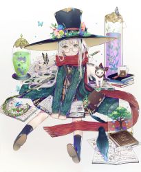 Rule 34 | 1girl, amulet, animal print, bad id, bad pixiv id, bag, bear print, bird, black hat, black legwear, blue flower, bonsai, book, book stack, bow, brown footwear, bug, butterfly, cardigan, cat, closed mouth, commentary, compass, crow, crystal, cup, dangmill, dress, earrings, feathers, fireflies, flower, food, fringe trim, fruit, full body, glass, glasses, green eyes, hairband, hat, hat flower, hat ribbon, holding, holding book, insect, jewelry, light particles, liquid, long hair, long sleeves, looking at viewer, mug, necklace, open book, open cardigan, open clothes, original, oversized object, pendant, pigeon-toed, pink flower, plaid, plaid dress, plant, potted plant, quill, red ribbon, red scarf, ribbon, round eyewear, scarf, scroll, semi-rimless eyewear, shoe soles, shoes, short dress, shoulder bag, sitting, socks, spread legs, striped bow, striped ribbon, test tube, transparent, tree, under-rim eyewear, v arms, very long hair, vines, wand, white background, white hair, witch, yellow flower