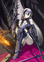 Rule 34 | 1girl, argyle, argyle clothes, argyle cutout, armor, armored boots, banner, blue thighhighs, boots, breasts, ccjn, chain, choker, cleavage, clothing cutout, colored skin, dragon, fate/grand order, fate (series), fire, grey footwear, head tilt, high heel boots, high heels, holding, holding sword, holding weapon, jeanne d&#039;arc (fate), jeanne d&#039;arc alter (avenger) (fate), jeanne d&#039;arc alter (avenger) (third ascension) (fate), jeanne d&#039;arc alter (fate), knee boots, long hair, looking at viewer, medium breasts, midriff, navel cutout, parted lips, silver hair, sitting, smile, solo, sword, thighhighs, very long hair, weapon, white skin, yellow eyes