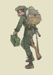 Rule 34 | 1girl, absurdres, ammunition box, boots, carrying, commentary, english commentary, full body, gloves, gun, hat, highres, holding, korean war, looking back, military, military uniform, original, rifle, rifleman1130, simple background, soldier, solo, uniform, weapon