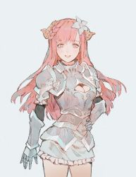 Rule 34 | 1girl, aire (yueko), armor, blush, braid, breasts, cleavage, cleavage cutout, clothing cutout, cowboy shot, flower, frills, gauntlets, grey background, hair flower, hair ornament, hand on own hip, horns, knight, long hair, original, parted lips, pauldrons, pink eyes, pink hair, shoulder armor, simple background, smile, solo, teeth, vambraces, white flower, yueko (jiayue wu)
