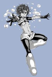 Rule 34 | 10s, 1girl, blue background, boku no hero academia, boots, breasts, bubble girl (boku no hero academia), crop top, diving mask, full body, gloves, goggles, greyscale, greyscale with colored background, highres, medium breasts, monochrome, murakami hisashi, navel, open fly, open mouth, pantyhose, shiny clothes, shiny skin, short hair, short sleeves, shorts, smile, solo, stomach, text focus, turtleneck, underboob, white footwear, white shorts, yellow eyes, zipper