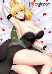 Rule 34 | 1girl, arm up, armpits, bare shoulders, black dress, blonde hair, blue eyes, blush, bowsette, bracelet, breasts, cleavage, collar, crown, dress, earrings, gantsuki, horns, jewelry, large breasts, legs, lying, mario (series), nail polish, new super mario bros. u deluxe, nintendo, on side, open mouth, pointy ears, sharp teeth, solo, spiked bracelet, spiked collar, spikes, super crown, super mario bros. 1, teeth