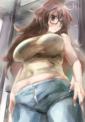 Rule 34 | 10s, 1girl, bare shoulders, black-framed eyewear, blush, breasts, brown eyes, brown hair, bursting belly, fate/extra, fate/extra ccc, fate (series), female focus, glasses, jinako carigiri, large breasts, long hair, looking at viewer, plump, solo, undersized clothes, unzipped, yohane