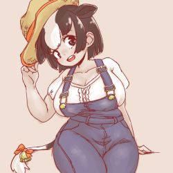 Rule 34 | 1girl, animal ears, bell, black hair, bow, brown eyes, center frills, commentary request, cow ears, cow girl, cow tail, denim, extra ears, frills, hand on headwear, hat tip, holstein friesian cattle (kemono friends), kemono friends, looking at viewer, maki (02uh14l1b740ao2), multicolored hair, overalls, shirt, short hair, short sleeves, simple background, sitting, solo, t-shirt, tail, tail bell, tail bow, tail ornament, two-tone hair, white hair, white shirt