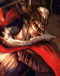 Rule 34 | 1girl, amputee, armor, cape, closed mouth, covered eyes, dress, elden ring, gold armor, helmet, helmet over eyes, jinjilion, long hair, malenia blade of miquella, red cape, red hair, simple background, solo, triple amputee, winged helmet