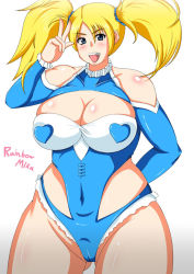 Rule 34 | 1990s (style), 1girl, blonde hair, blue eyes, blush, breasts, cameltoe, capcom, cleavage, large breasts, long hair, looking at viewer, myougi kuraganosuke, open mouth, plump, rainbow mika, retro artstyle, smile, solo, street fighter, street fighter zero (series), twintails