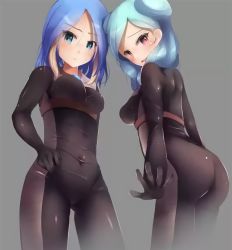 Rule 34 | 2girls, ass, beta (inazuma eleven), blue eyes, blue hair, breasts, closed mouth, cosplay, crossover, green eyes, hand on own hip, highres, inazuma eleven, inazuma eleven (series), inazuma eleven go chrono stone, looking at viewer, looking back, medium breasts, multicolored hair, multiple girls, navel, open mouth, purple eyes, shiny clothes, standing, urubida, white hair, yagami reina