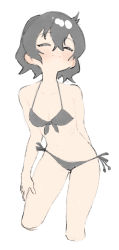 Rule 34 | 1girl, ^ ^, alternate costume, arm behind back, arm support, armpit crease, bad id, bad pixiv id, bikini, black bikini, black hair, blush, breasts, cleavage, closed eyes, closed mouth, collarbone, contrapposto, cowboy shot, cropped legs, facing viewer, front-tie bikini top, front-tie top, gluteal fold, groin, hair between eyes, hand on own thigh, happy, highres, kaban (kemono friends), kemono friends, kona ming, leaning forward, navel, ribs, short hair, side-tie bikini bottom, simple background, small breasts, smile, solo, stomach, swimsuit, white background