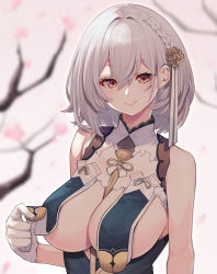 Rule 34 | 1girl, azur lane, bare shoulders, blush, braid, branch, breast curtains, breasts, cherry blossoms, china dress, chinese clothes, cleavage, dress, gloves, grey dress, half gloves, highres, large breasts, looking at viewer, mikan (chipstar182), neckwear between breasts, revealing clothes, short hair, side braid, sirius (azur lane), sirius (azure horizons) (azur lane), smile, white gloves, white hair