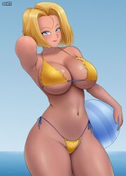 Rule 34 | 1girl, android 18, ball, beachball, bikini, blonde hair, blue eyes, breasts, cleavage, day, dragon ball, dragonball z, gummslime, highres, large breasts, looking at viewer, navel, ocean, shiny skin, smile, solo, swimsuit, thighs, water
