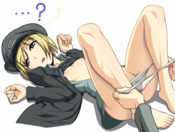 Rule 34 | 00s, 1girl, ?, barefoot, blonde hair, blue eyes, breasts, caryo, clothes lift, erica hartmann, feet, flat chest, hat, long legs, lying, nanashino, nipples, panties, panty pull, peaked cap, shirt lift, short hair, solo, strike witches, underwear, world witches series
