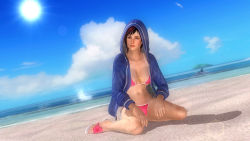 Rule 34 | 1girl, 3d, beach, bikini, breasts, brown eyes, cleavage, dead or alive, dead or alive 5, large breasts, mila (doa), ocean, official art, red hair, sandals, short hair, solo, sweater, swimsuit, underboob, water