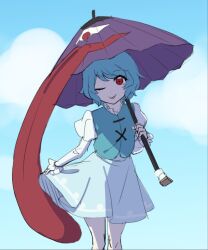 Rule 34 | 1girl, ;p, blue hair, blue skirt, blue sky, blue vest, club (weapon), commentary request, cross-laced clothes, holding, holding umbrella, juliet sleeves, karakasa obake, long sleeves, looking at viewer, nupeya, one eye closed, outdoors, puffy sleeves, purple umbrella, red eyes, shirt, short hair, skirt, sky, solo, tatara kogasa, tongue, tongue out, touhou, umbrella, vest, weapon, white shirt