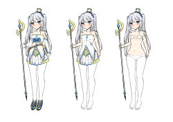 Rule 34 | 1girl, bachibachi (tisen), bare arms, bare shoulders, blue eyes, blue footwear, blush, bra, breasts, closed mouth, collarbone, crystal, elbow gloves, gloves, grey hair, hair ornament, hat, holding, holding staff, long hair, looking at viewer, mini hat, mini top hat, multiple views, navel, no shoes, original, panties, panties under pantyhose, pantyhose, pleated skirt, shoes, simple background, skirt, small breasts, staff, standing, strapless, top hat, twintails, underwear, underwear only, very long hair, white background, white bra, white gloves, white headwear, white pantyhose, white skirt
