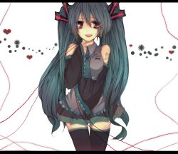 Rule 34 | green eyes, green hair, hatsune miku, highres, kano shiki, letterboxed, long hair, solo, thighhighs, twintails, vocaloid