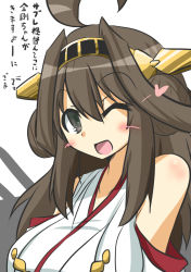 Rule 34 | 10s, 1girl, ;d, ahoge, brown eyes, brown hair, detached sleeves, double bun, goma (gomasamune), hair bun, hair ornament, hairband, heart, kantai collection, kongou (kancolle), nontraditional miko, one eye closed, open mouth, simple background, smile, solo, sunken cheeks, translation request, white background, wink