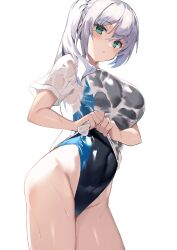 Rule 34 | 1girl, absurdres, blush, covered navel, cowboy shot, green eyes, hair between eyes, highres, looking at viewer, navel, one-piece swimsuit, original, ryou (ponpgo), shirt, side ponytail, solo, swimsuit, swimsuit under clothes, t-shirt, water, wet, wet clothes, wet shirt, white hair, white shirt, wringing clothes