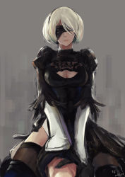 Rule 34 | 1boy, 1girl, absurdres, bad id, bad pixiv id, black dress, black footwear, black hairband, blindfold, boots, breasts, cleavage, cleavage cutout, clothing cutout, covered eyes, dress, erjian, feather-trimmed sleeves, girl on top, grey background, hairband, head out of frame, highres, large breasts, lips, long sleeves, mole, mole under mouth, nier (series), nier:automata, sad, silver hair, solo focus, spoilers, straddling, strangling, tears, thigh boots, thighhighs, thighhighs under boots, 2b (nier:automata), 9s (nier:automata)