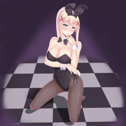Rule 34 | 1girl, absurdres, animal ears, black background, black bow, black bowtie, black leotard, black pantyhose, blonde hair, blue eyes, bow, bowtie, breasts, checkered floor, commentary request, darkness (konosuba), detached collar, fake animal ears, fishnet pantyhose, fishnets, full body, gradient background, hair ornament, highres, kneeling, kono subarashii sekai ni shukufuku wo!, large breasts, leotard, long hair, looking at viewer, pantyhose, playboy bunny, ponytail, rabbit ears, rabbit girl, rabbit tail, sainohikari, solo, spotlight, strapless, strapless leotard, tail, wrist cuffs, x hair ornament