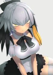 Rule 34 | 1girl, :t, absurdres, alternate costume, apron, bird tail, bird wings, black hair, blonde hair, bow, bowtie, commentary request, deku suke, detached collar, dress, frilled dress, frills, green eyes, grey hair, hair tie, head wings, highres, kemono friends, maid, maid apron, maid headdress, multicolored hair, pout, shoebill (kemono friends), short hair, solo, tail, thighhighs, white thighhighs, wings, zettai ryouiki