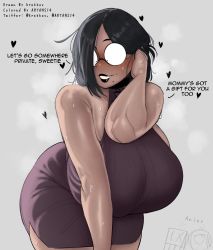 Rule 34 | 1girl, artans14, artist name, bare shoulders, black hair, blush, breasts, choker, colorized, curvy, english text, glasses, grey background, heart, heavy breathing, highres, huge breasts, krekkov, lin (krekkov), lips, mole, mole under mouth, original, seductive smile, sleeveless, smile, solo, steam, sweat, third-party edit, wide hips