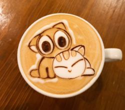 Rule 34 | animal focus, black eyes, cat, chiffon643shii, closed eyes, coffee, cup, food, food art, full body, highres, huangshou (the legend of luoxiaohei), latte art, luo xiaohei, luo xiaohei (cat), luo xiaohei zhanji, mug, no humans, unconventional media