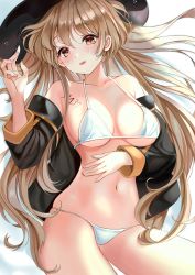 Rule 34 | 1girl, :d, absurdres, bad id, bad pixiv id, bikini, blush, breasts, brown hair, buri (retty9349), character name, cleavage, collarbone, girls&#039; frontline, hand up, hat, highres, huge filesize, jacket, large breasts, long hair, looking at viewer, m37 (girls&#039; frontline), m37 (summer parader) (girls&#039; frontline), navel, official alternate costume, open clothes, open mouth, orange eyes, simple background, smile, solo, string bikini, sun hat, swimsuit, thighs, very long hair, white bikini