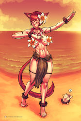 Rule 34 | 1girl, animal ears, anklet, barefoot, bbc-chan, beach, borrowed character, breasts, cat ears, cat tail, choker, closed eyes, commentary, commission, dancer, dancing, english commentary, flower, flower necklace, full body, hair flower, hair ornament, hawaii, hibiscus, highres, jewelry, large breasts, leaf skirt, lei, mascot, navel, necklace, ocean, original, pasties, sand, short hair, solo focus, sunset, tail, toned