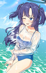 Rule 34 | 1girl, bad id, bad twitter id, blue archive, blush, breasts, cleavage, collarbone, commentary, hair ornament, halo, highres, lens flare, medium breasts, ocean, one eye closed, purple eyes, purple hair, rokukyugo, shirt, sky, solo, swimsuit, wet, wet clothes, yuuka (blue archive)
