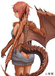 Rule 34 | 1girl, animal ears, ass, bare back, butt crack, dragon ears, dragon girl, dragon tail, dragon wings, grey sweater, highres, hitokuirou, looking at viewer, meme attire, monster girl, naked sweater, original, red eyes, red hair, scales, short hair, solo, solo vivace (hitokuirou), sweater, tail, virgin killer sweater, wings