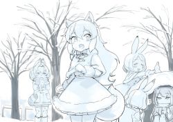 Rule 34 | 10s, 5girls, :3, ^^^, alternate footwear, animal ears, arctic fox (kemono friends), arctic hare (kemono friends), arm at side, bare tree, blue theme, blush, blush stickers, boots, capelet, coat, cold, dot nose, earmuffs, expressionless, closed eyes, fox ears, fox girl, fox tail, fur-trimmed capelet, fur trim, hair between eyes, hand on own knee, hand up, hands up, jitome, jpeg artifacts, kanemaru (knmr fd), kemono friends, knee boots, knees up, long hair, long sleeves, looking away, mittens, monochrome, mountain hare (kemono friends), multiple girls, official art, open mouth, outdoors, protected link, rabbit ears, ribbon, scarf, scarf over mouth, serval (kemono friends), serval print, serval tail, short hair, sitting, smile, snow, snowman, standing, striped tail, tail, thumbs up, tibetan fox (kemono friends), tree