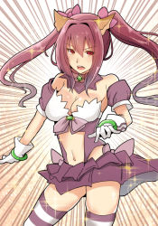 Rule 34 | 1girl, animal collar, animal ears, arito arayuru, bad id, bad pixiv id, bare shoulders, bracelet, breasts, cleavage, clothing cutout, collar, cosplay, cowboy shot, detached collar, detached sleeves, fate/apocrypha, fate/grand order, fate (series), gloves, hair ribbon, highleg, highleg leotard, highres, jeanne d&#039;arc (april magical) (fate), jeanne d&#039;arc (fate), jeanne d&#039;arc (ruler) (fate), jewelry, large breasts, leotard, long hair, magical girl, midriff, navel, navel cutout, pleated skirt, purple hair, purple skirt, red eyes, ribbon, ruler (fate/apocrypha) (cosplay), scathach (fate), sidelocks, simple background, skindentation, skirt, solo, sparkle background, speed lines, striped clothes, striped thighhighs, thighhighs, twintails, white gloves