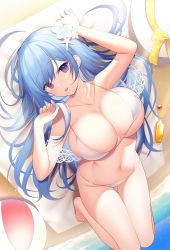 Rule 34 | 1girl, arm up, ball, bare arms, bare shoulders, beach mat, beachball, bikini, blue hair, breasts, cleavage, collarbone, day, emori miku, flower, hair flower, hair ornament, halterneck, hand up, highres, knees up, large breasts, liver city, long hair, looking at viewer, lying, miko (royal milk), navel, on back, purple eyes, solo, stomach, strap pull, string bikini, sunlight, swimsuit, thigh gap, thighs, tongue, tongue out, very long hair, white bikini