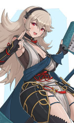 Rule 34 | 1girl, armor, blush, bodysuit, breasts, corrin (female) (fire emblem), corrin (fire emblem), fire emblem, fire emblem fates, fire emblem heroes, fishnets, gloves, gonzarez, hair between eyes, hair ornament, hairband, highres, japanese clothes, kimono, kunai, long hair, looking at viewer, ninja, nintendo, official alternate costume, open mouth, pointy ears, red eyes, scarf, short kimono, simple background, smile, solo, thighhighs, weapon, white hair