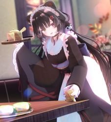 Rule 34 | 1girl, 3d, animal ears, apron, black hair, black kimono, cafe, commentary request, cup, fang, heterochromia, holding, holding tray, indoors, inui toko, japanese clothes, kimono, leaning forward, long hair, long sleeves, looking at viewer, low twintails, maid, maid headdress, mikumikudance (medium), nijisanji, obi, obiage, obijime, open mouth, plant, potted plant, raccoon ears, red eyes, sash, smile, solo, souyoru, standing, table, teapot, tray, twintails, virtual youtuber, wa maid, waist apron, wide sleeves, wooden table, yellow eyes, yunomi