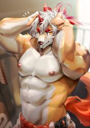 Rule 34 | 1boy, abs, absurdres, animal ears, arknights, bara, collaboration, commentary request, furry, furry male, hair tie in mouth, highres, horns, hung (arknights), ig1119, looking at viewer, male focus, mouth hold, mythological creature, notice lines, omochi kuitai, pectorals, ponytail, shield, signature, single horn, tail, topless male, tying hair