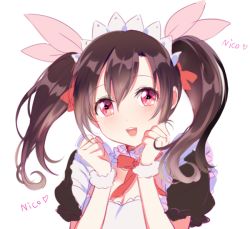 Rule 34 | 10s, 1girl, bad id, bad twitter id, black hair, blush, bow, character name, love live!, love live! school idol project, maid, maid headdress, mery (yangmalgage), mogyutto &quot;love&quot; de sekkin chuu!, open mouth, red eyes, smile, solo, twintails, yazawa nico