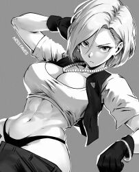 Rule 34 | 1girl, abs, android 18, breasts, cleavage, crop top, denim, dragon ball, earrings, grey background, greyscale, jeans, jewelry, large breasts, miss faves, monochrome, muscular, muscular female, navel, pants, short hair, simple background, solo, twitter username