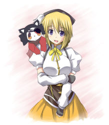 Rule 34 | 1girl, blonde hair, breasts, charlotte (madoka magica), charlotte dunois, cosplay, eyepatch, fingerless gloves, gloves, infinite stratos, laura bodewig, laura bodewig (cosplay), mahou shoujo madoka magica, mahou shoujo madoka magica (anime), mister (black and white), name connection, open mouth, purple eyes, season connection, tomoe mami, tomoe mami (cosplay)