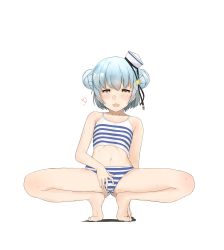 Rule 34 | 1girl, absurdres, bad id, bad pixiv id, black ribbon, blue hair, dixie cup hat, double bun, fang, flat chest, gluteal fold, hair bun, hat, hat ribbon, highres, kantai collection, looking at viewer, midriff, military hat, moose (moosemitchell2), navel, one-piece swimsuit, open mouth, ribbon, samuel b. roberts (kancolle), short hair, simple background, skin fang, solo, spread legs, squatting, striped clothes, striped one-piece swimsuit, swimsuit, white background, white hat, yellow eyes